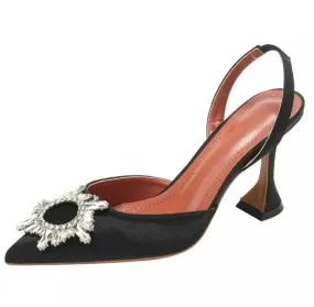 Amara Black Satin Embellished Slingback Pumps