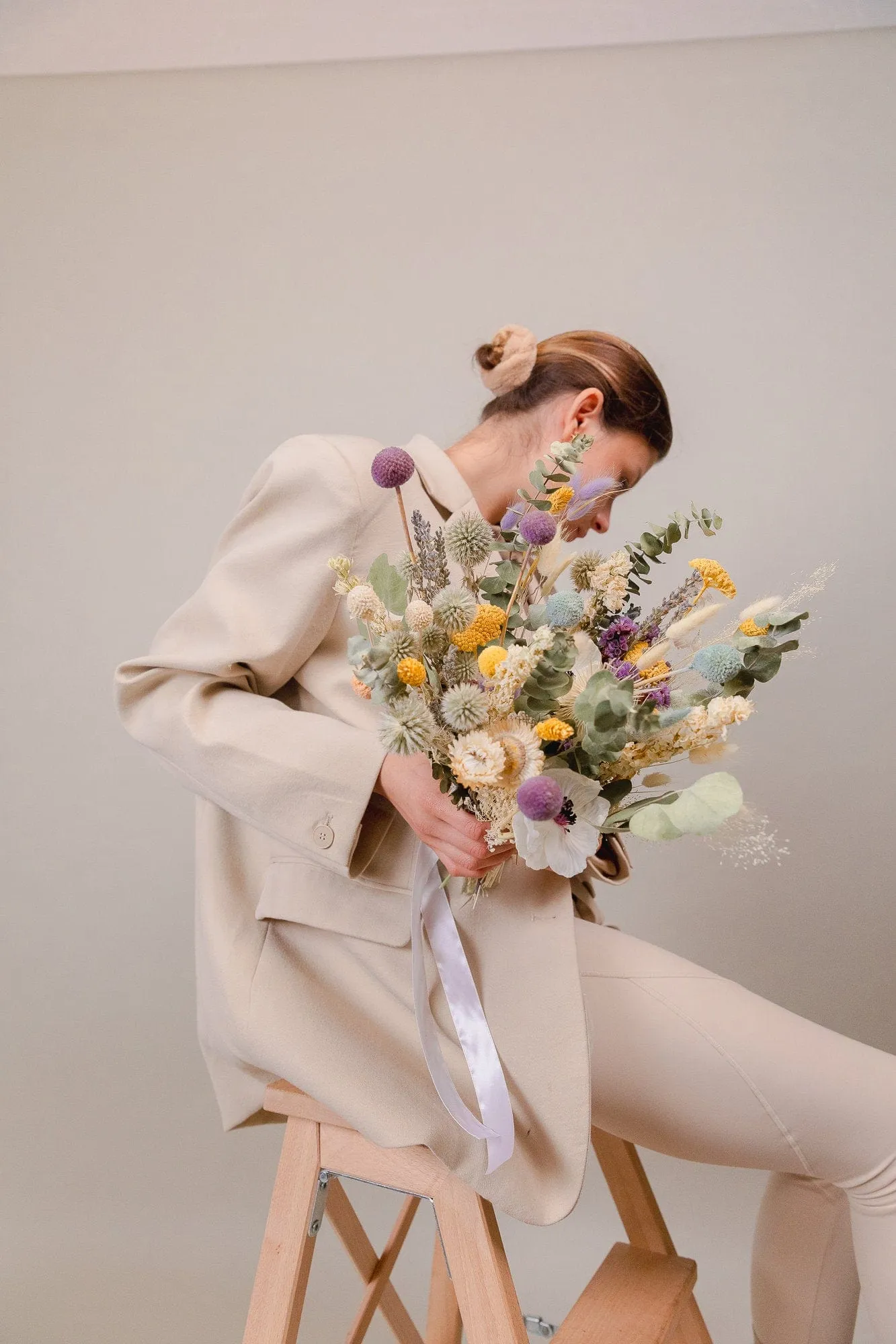 Black Eyed Anemone & Dried eucalyptus Wildflower bridal bouquet / Lilac Billy balls bouquet / Boho bride spring flowers / Greenery Bouquet