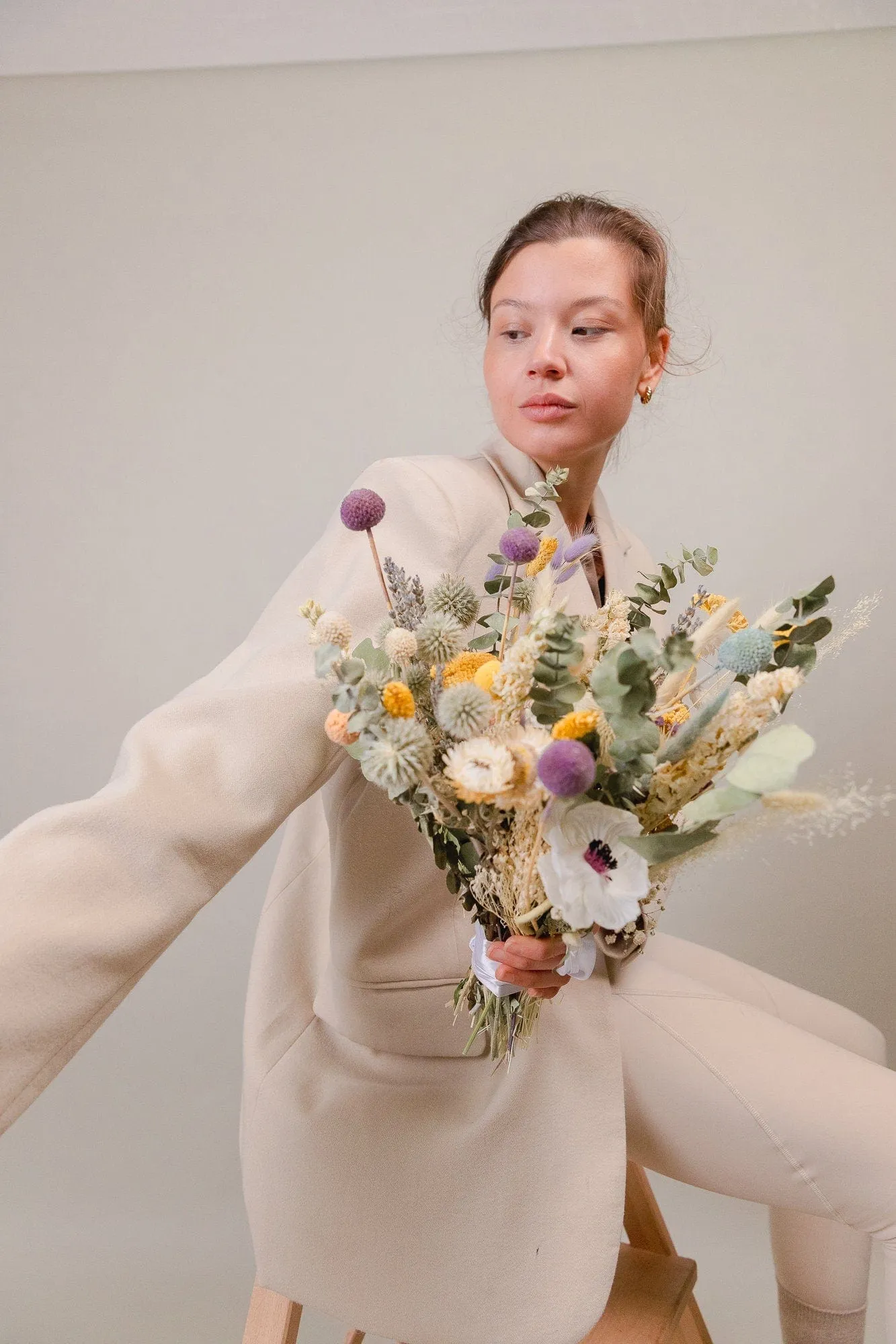 Black Eyed Anemone & Dried eucalyptus Wildflower bridal bouquet / Lilac Billy balls bouquet / Boho bride spring flowers / Greenery Bouquet