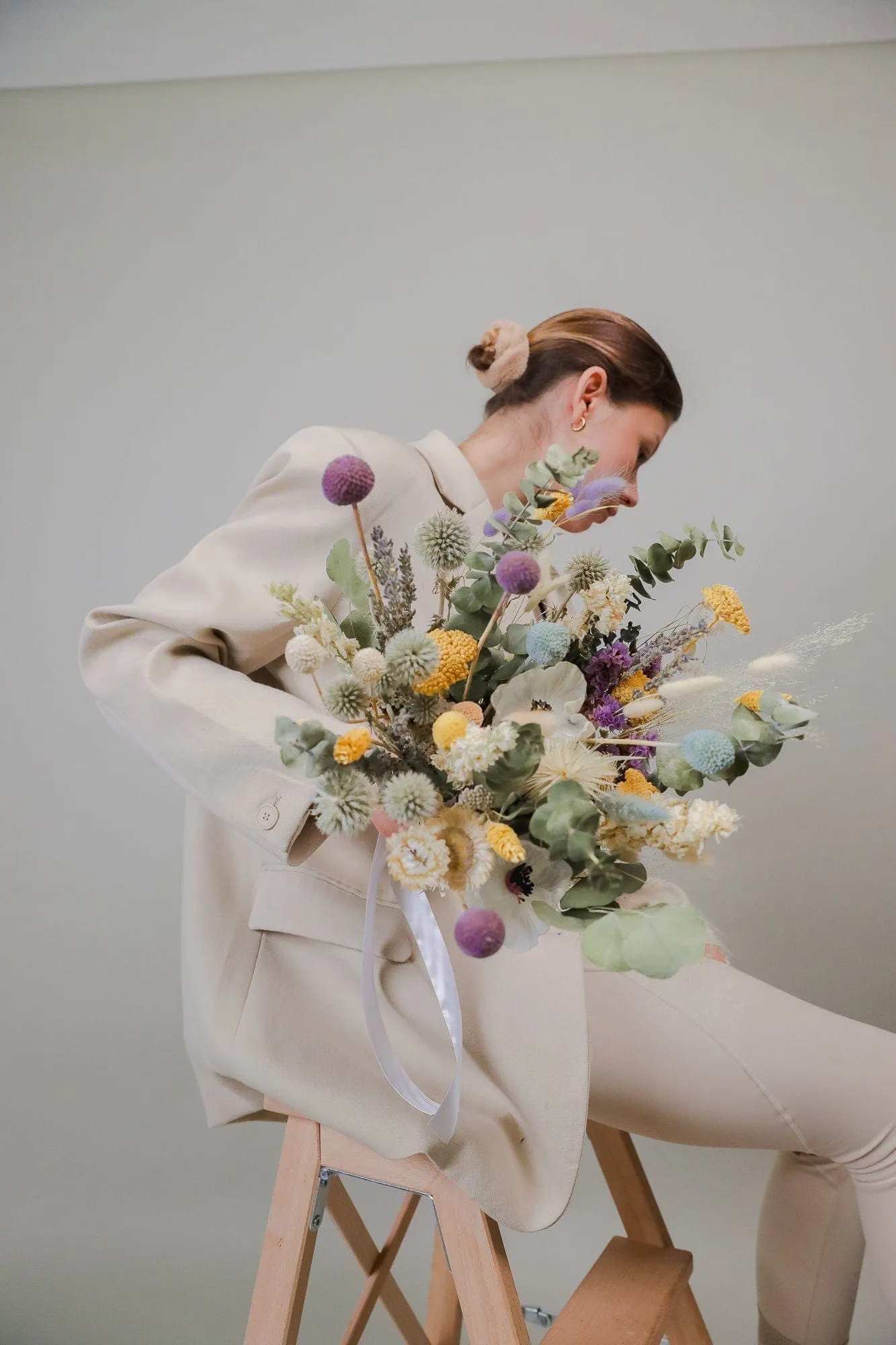 Black Eyed Anemone & Dried eucalyptus Wildflower bridal bouquet / Lilac Billy balls bouquet / Boho bride spring flowers / Greenery Bouquet