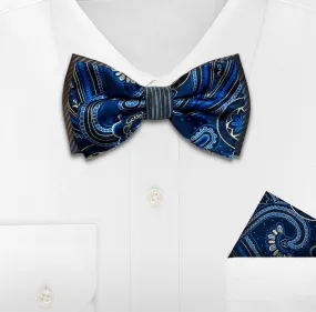 BLUE WOVEN BOW TIE & HANKIE SET