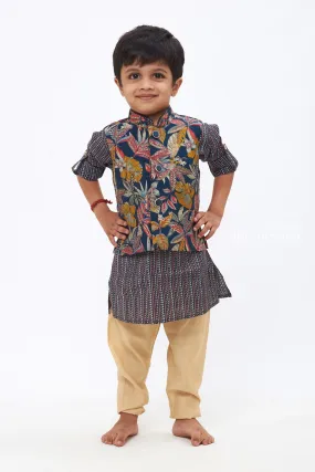 Boys Navy Blue Tropical Leaf Printed Kurtha with Striped Jacket & Beige Trousers