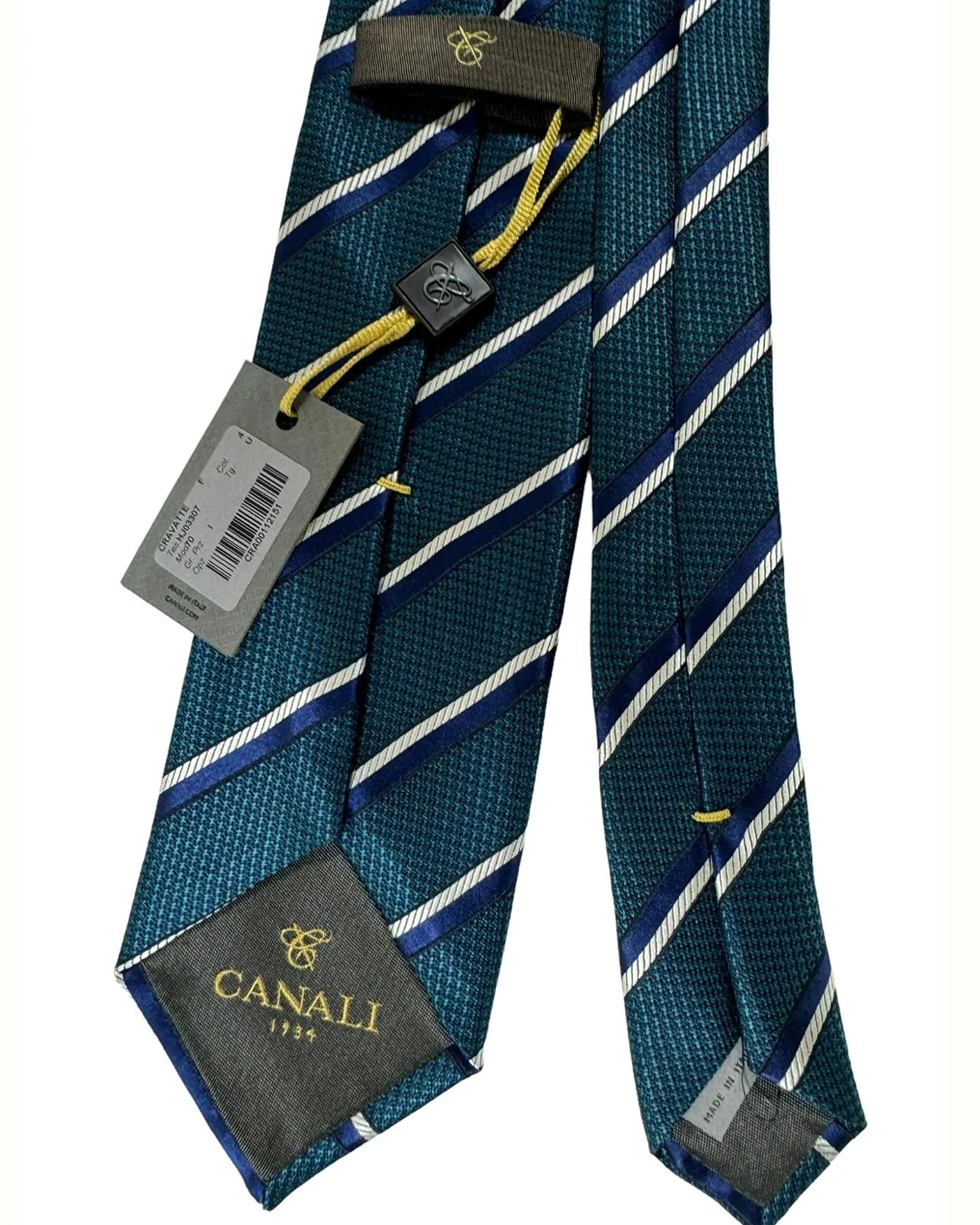 Canali Silk Tie Navy Green Silver Stripes Pattern