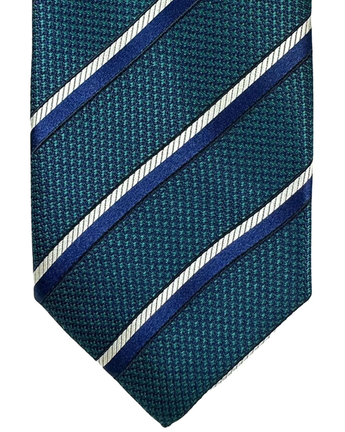 Canali Silk Tie Navy Green Silver Stripes Pattern