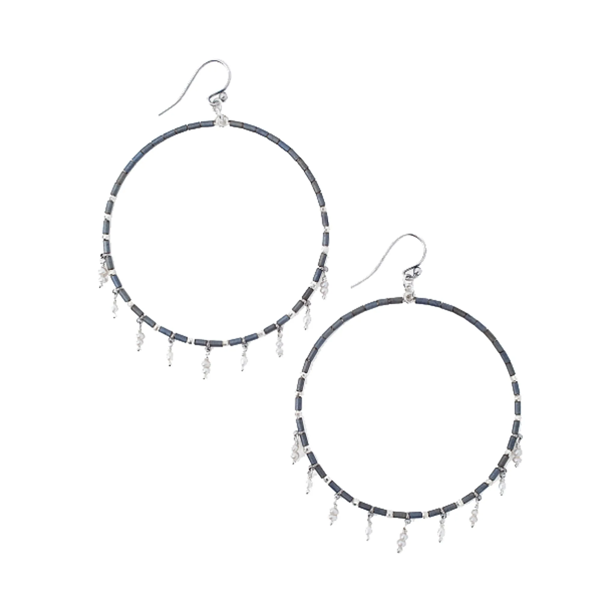 Chan Luu Silver Hoop Earrings in Gunmetal Seed Beads with Pearl Charms