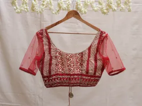 Garnet Red, cotton Ajrakh, Hand embroidery blouse