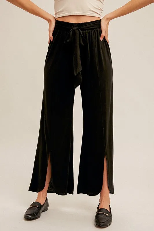 HEM & THREAD SELF TIE FRONT SLIT DETAIL WIDE LEG PANTS - BLACK