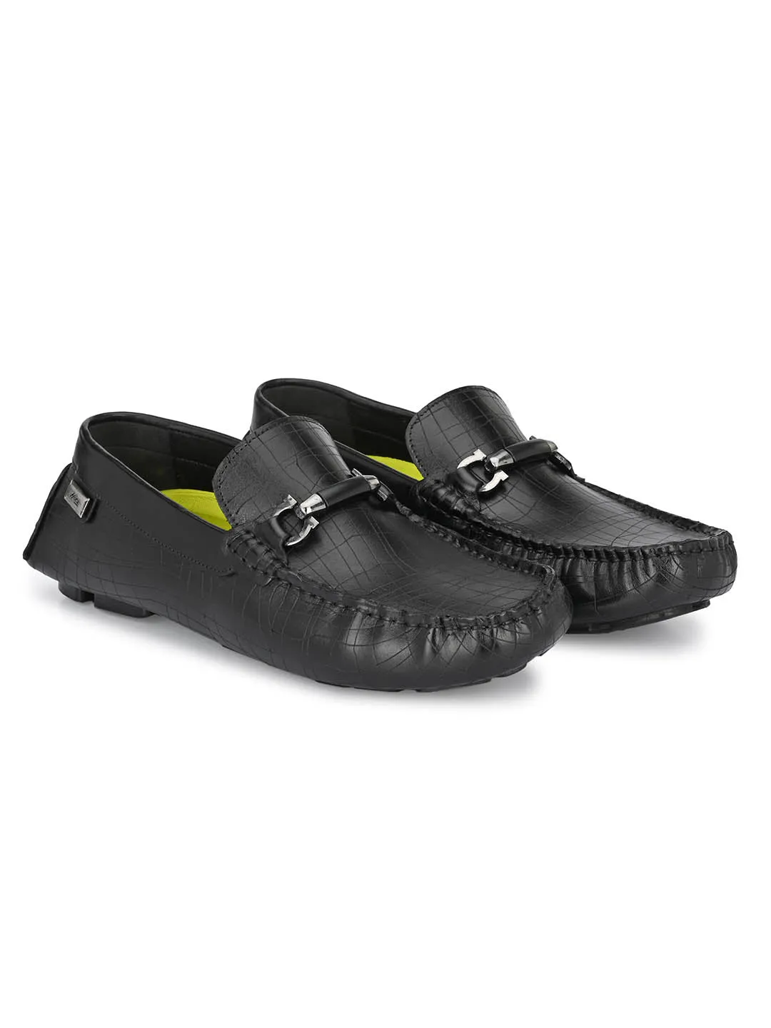 Hitz Men's Black Leather Slip On Loafer Shoes