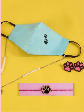 PAW RAKHI   Embroidered Dog Lover Mask with Chain   Paw Bead Earrings Set