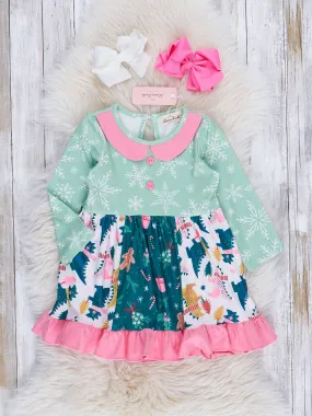 Pink & Green Snowflakes & Dinos Ruffle Dress