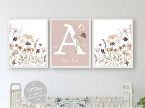 Pink Purple Wildflower Nursery Prints - Personalised - 005