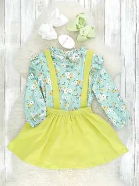 Sea Foam Green Floral Vintage Top & Suspender Skirt Set