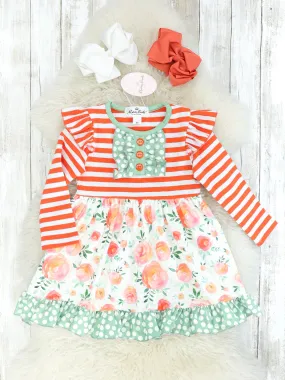 Striped Orange & Green Rose Ruffle Dress