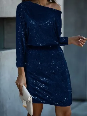 Women's Sequin Dress Party Dress Sparkly Dress Christmas Cocktail Dress Midi Dress Silver Navy Blue Emerald Green Long Sleeve Sparkly Glitter Spring Fall Winter Cold Shoulder Wedding Guest